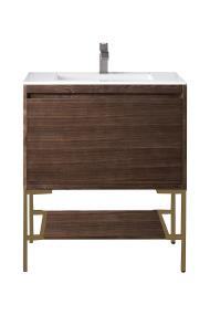 James Martin Milan 31.5 Single Vanity Cabinet, Mid Century Walnut, Radiant  Gold W/Gloss Whte Comp Top