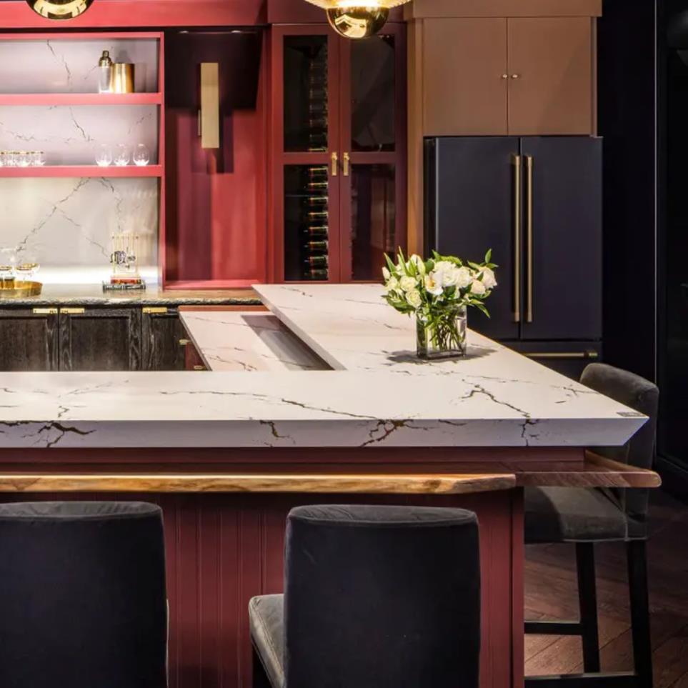 Slab Berkshire Brass Satin Ridge White Quartz Countertops